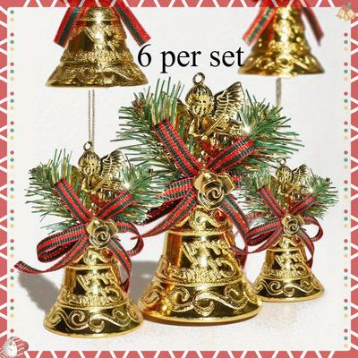 6 Stück Goldene Glocken Anhänger Weihnachtsbaum Schleife Engel Bühnen Set Glocken Anhänger Hängende Dekorationen für Haus Garten Türen Weihnachten