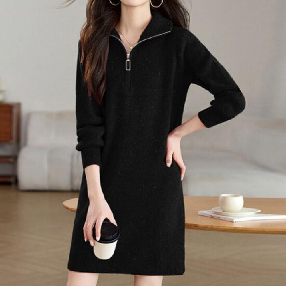 Navava Women Warm Solid Ribbed Half Zip Collar Long Sleeve Knit Dress No951