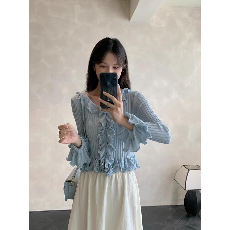 Pulover tricotat subțire cu dantelă ciupercă la modă, toamnă 2025 nou pulover de damă cu talie și decolteu în V 11950