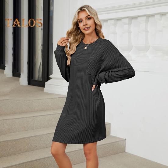 Herbst Frühling Kleid Faden Einfarbig Lose Brust Tasche Lange Ärmel O Hals Pullover Knie Länge Pendeln Dating Midi Kleid