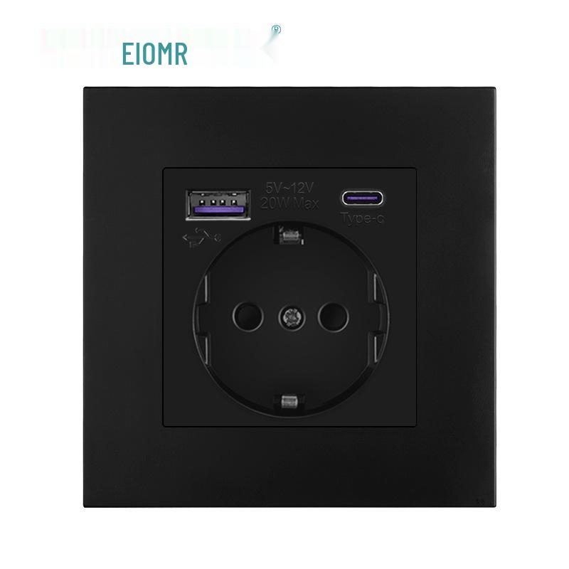 Black 16A German Standard Socket Panel with Double USB + Type C, Concealed European Installation