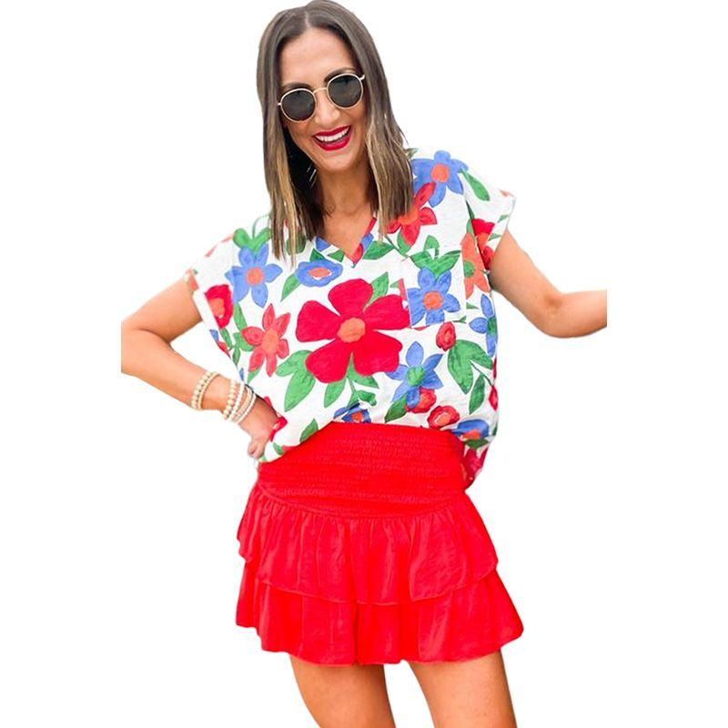 

V Neck European and American Leisure Printed Short-Sleeved Top Chiffon Shirt LC25121234-White M code fits (55.00 kg-65.00 kg