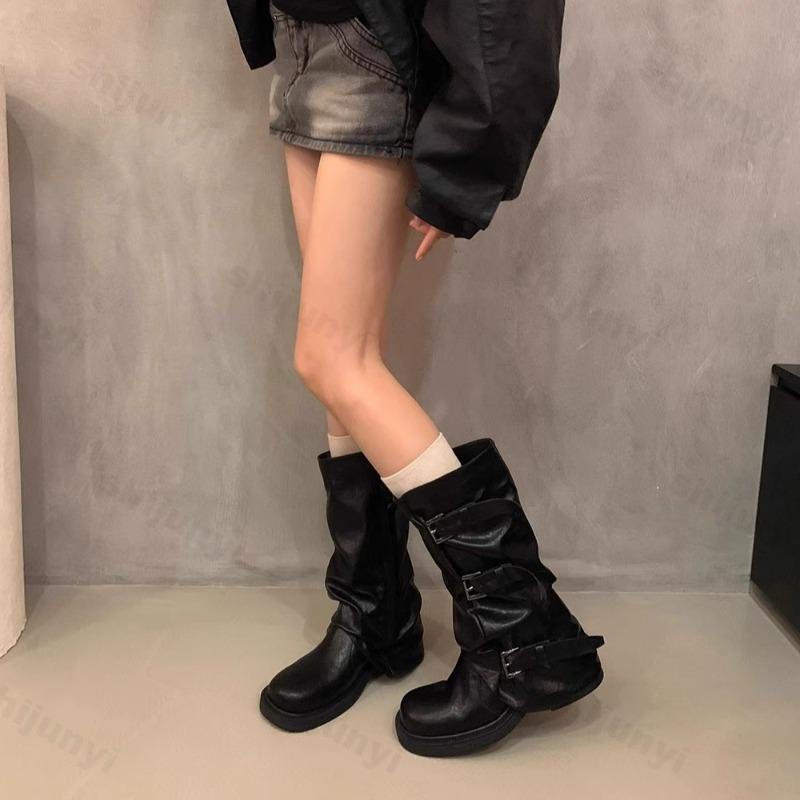 Women Boots 2026 Autumn Round Toe Belt Buckle Fashion Mid Calf Platform Fashion Boots Retro British Style Wedges High Top Boots
