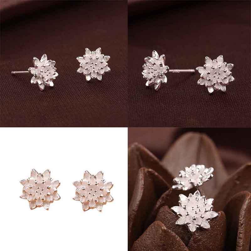 Charming Silver Plated Lotus Flower Ear Stud Earrings For Trendy Womens Fashion Jewelry