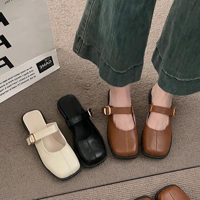 2024 Square Head Korean Version Belt Buckle Empty Single Shoes Sandals Spring New Lazy Slippers Fashion Bag Head Half Slippers