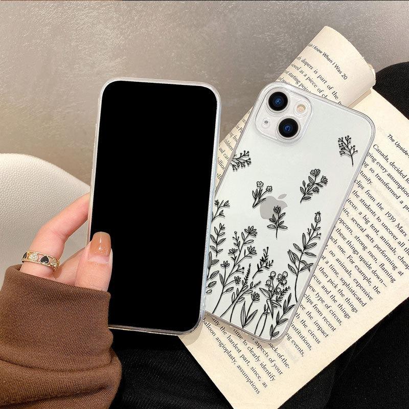 Simple lines flower apple 15promax mobile phone case new iphone14 premium 13 transparent all-inclusive soft case