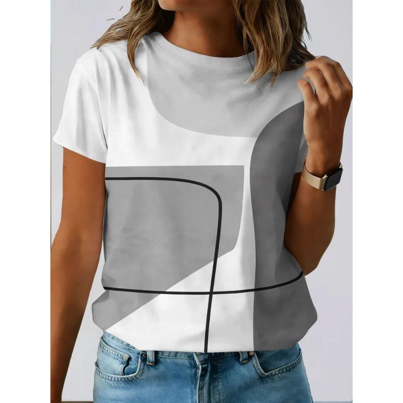 Fashion Women's Crew Neck Short Sleeve 3D Color Printing Striped Short Sleeve Crew Neck T-Shirt