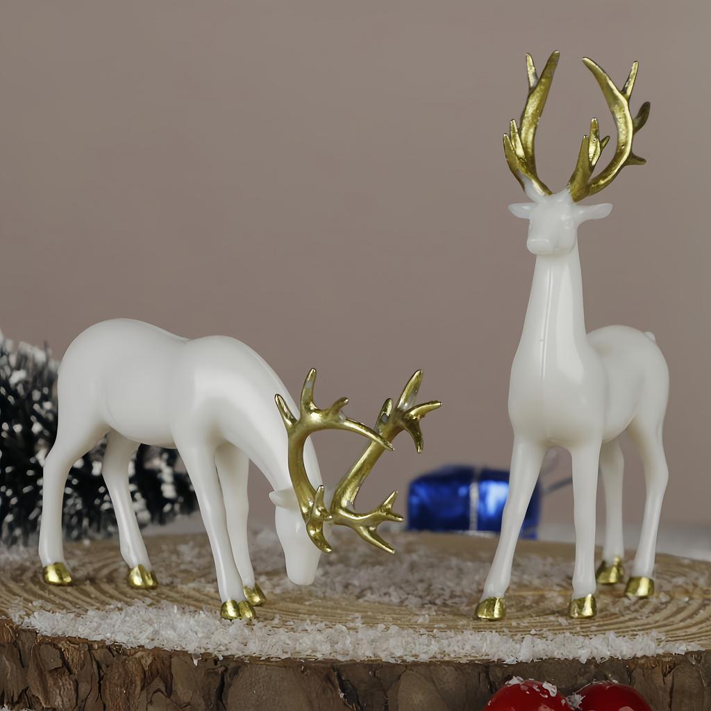 Two-piece set of white Christmas reindeer statue ornaments with golden antlers and horn decorations, suitable for Christmas, Valentine's Day,