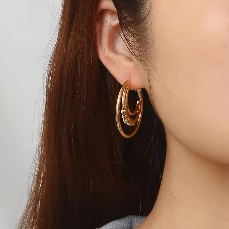 Simple Fine Stainless Steel Stud Earring Gold Plated Multi Layer Circles Bead Hoop Earrings For Women Daily Wearing Party Gifts