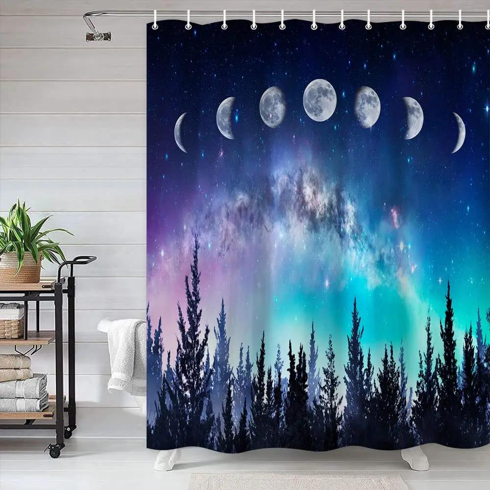Space Shower Curtain Himalaya Mountain Tops At Starry Night Time with Stars Earth Cosmos Cloth Fabric Bathroom Decor with Hooks