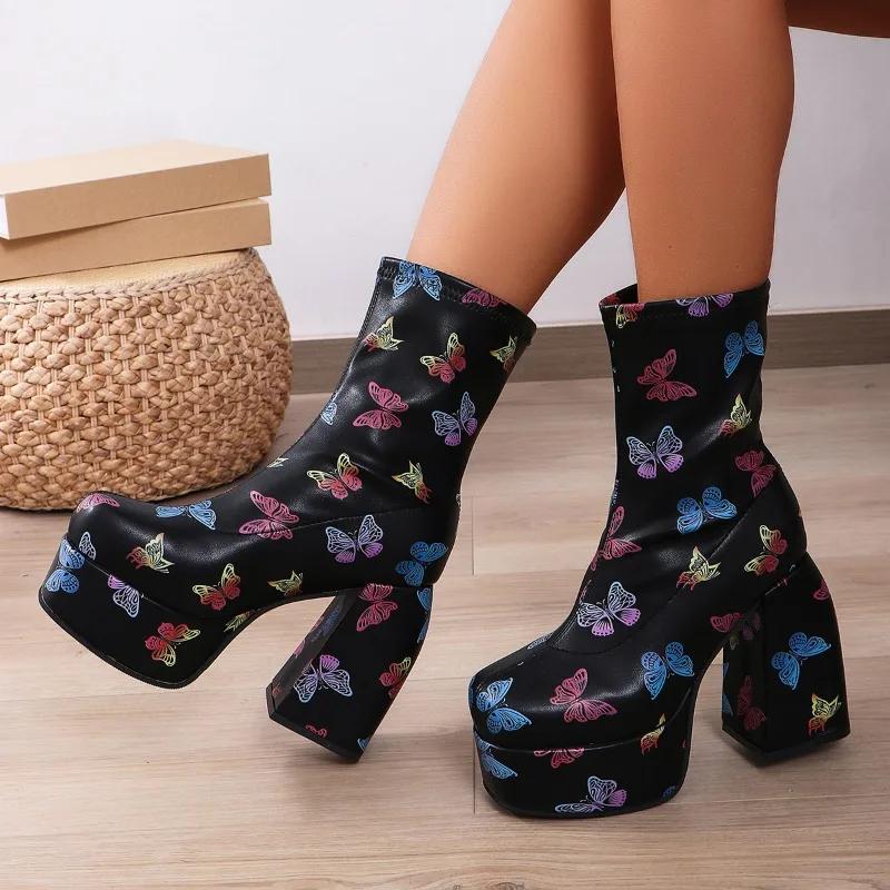 Fashion 2024 New Women's Short Boots Fashion Square Head Waterproof Platform High Heels Versatile Thick Sole Women's Boots