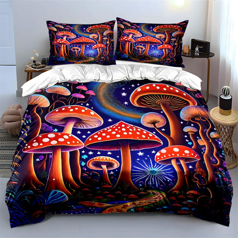 Enchanted mushroom forest under starry sky Print Bedding Set 1 Duvet Cover 2 Pillowcases for Adult and Children Luxury Gift