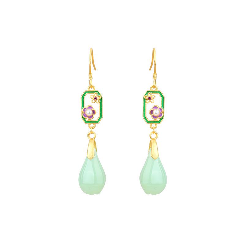 Chinese-Style Cloisonné Imitation Kingfisher Green 925 Silver Needle Earrings for Girls, Qipao, Hanfu, Ma Mian Skirts