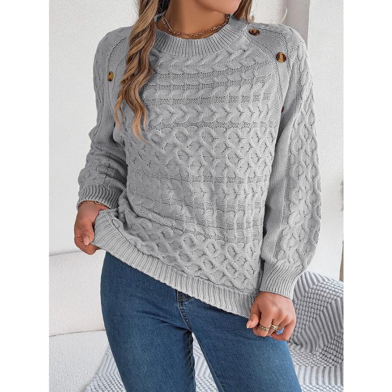 Neuer einfarbiger Pullover mit gedrehten Knöpfen und Laternenärmeln für Damen im Herbst und Winter