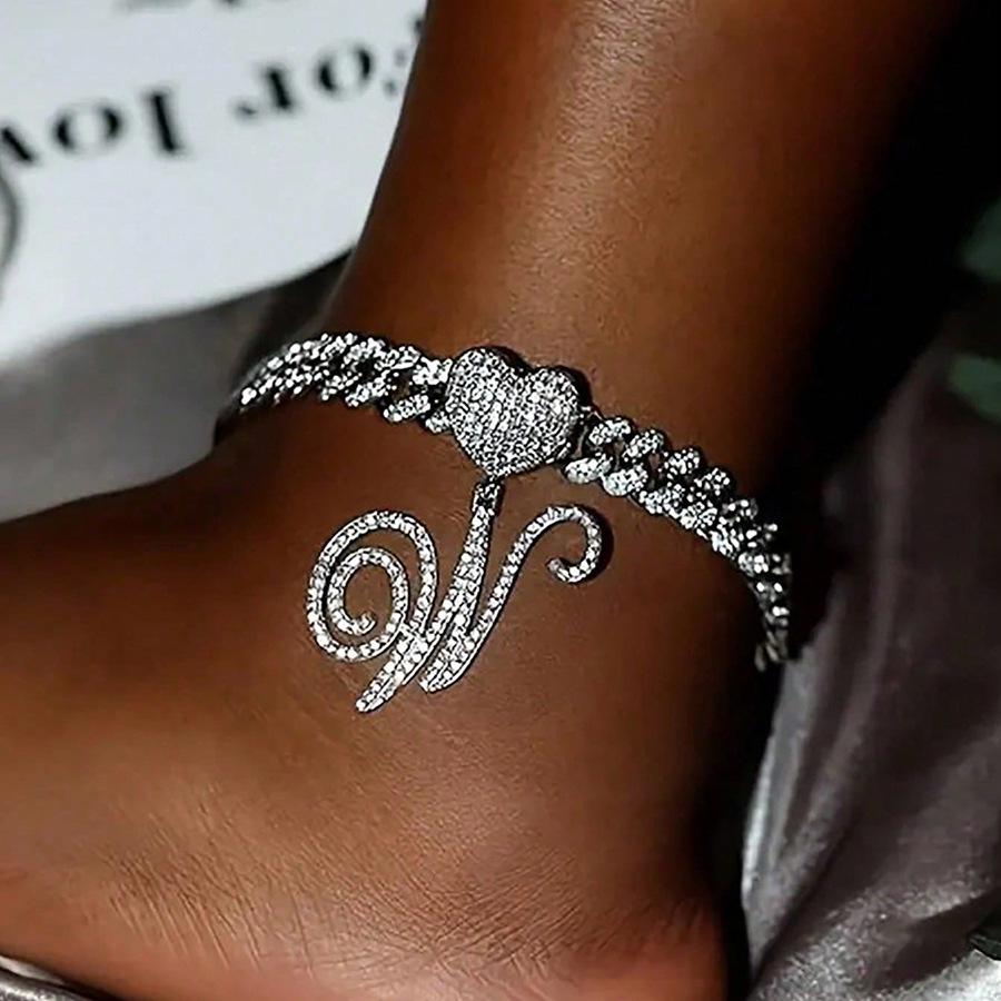 26 English Alphabet Full Diamond Heart Pendant & 13MM Cuban Anklet - Creative Hip-Hop Rapper Jewelry
