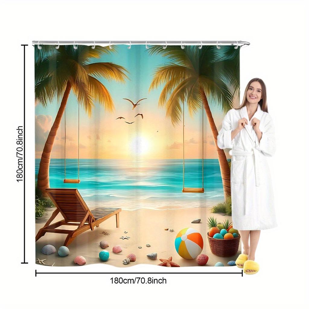 4Pcs Tropical Beach Swing Shower Curtain Set with Non-Slip Bath Mat, Toilet Lid Cover, Contour Rug & 12 Hooks, Bathroom Decor