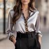 Damen-Hemd mit Leopardenmuster, Rundhalsausschnitt, Satin-Patchwork, Figurbetont, Langarm, Frühling/Herbst