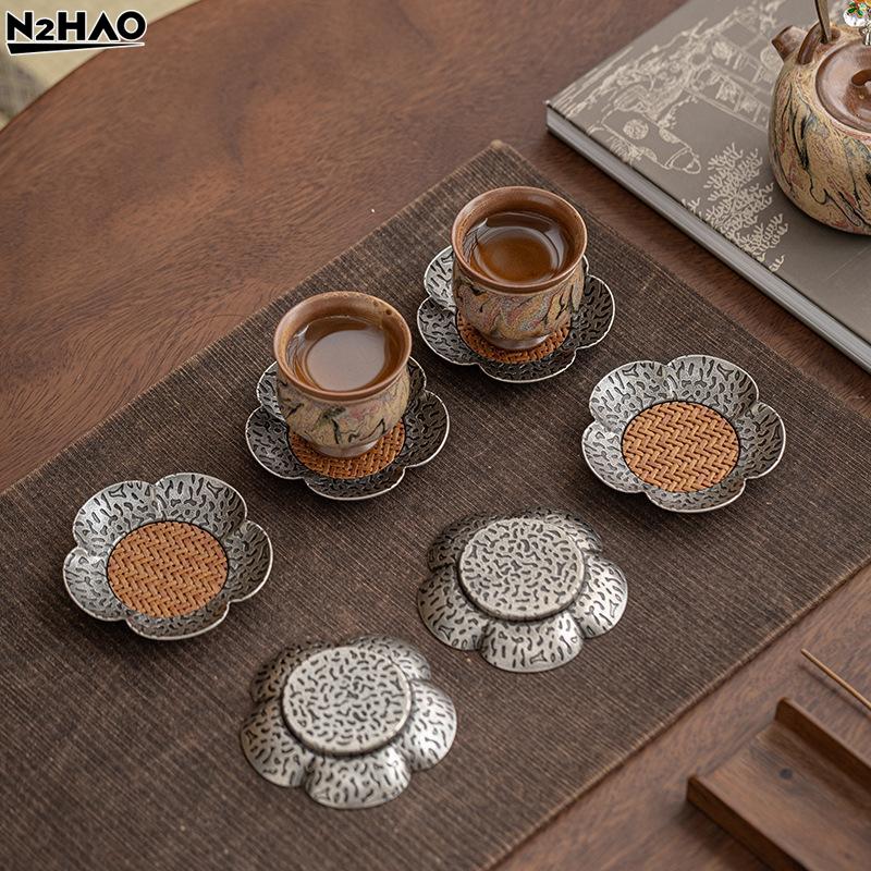 1PC 7cm Metal Cup Mat Woven Rattan Coaster Tea Ceremony Accessories Modern Home Decor Chinese Style Gongfu TeaSet Unique Gift