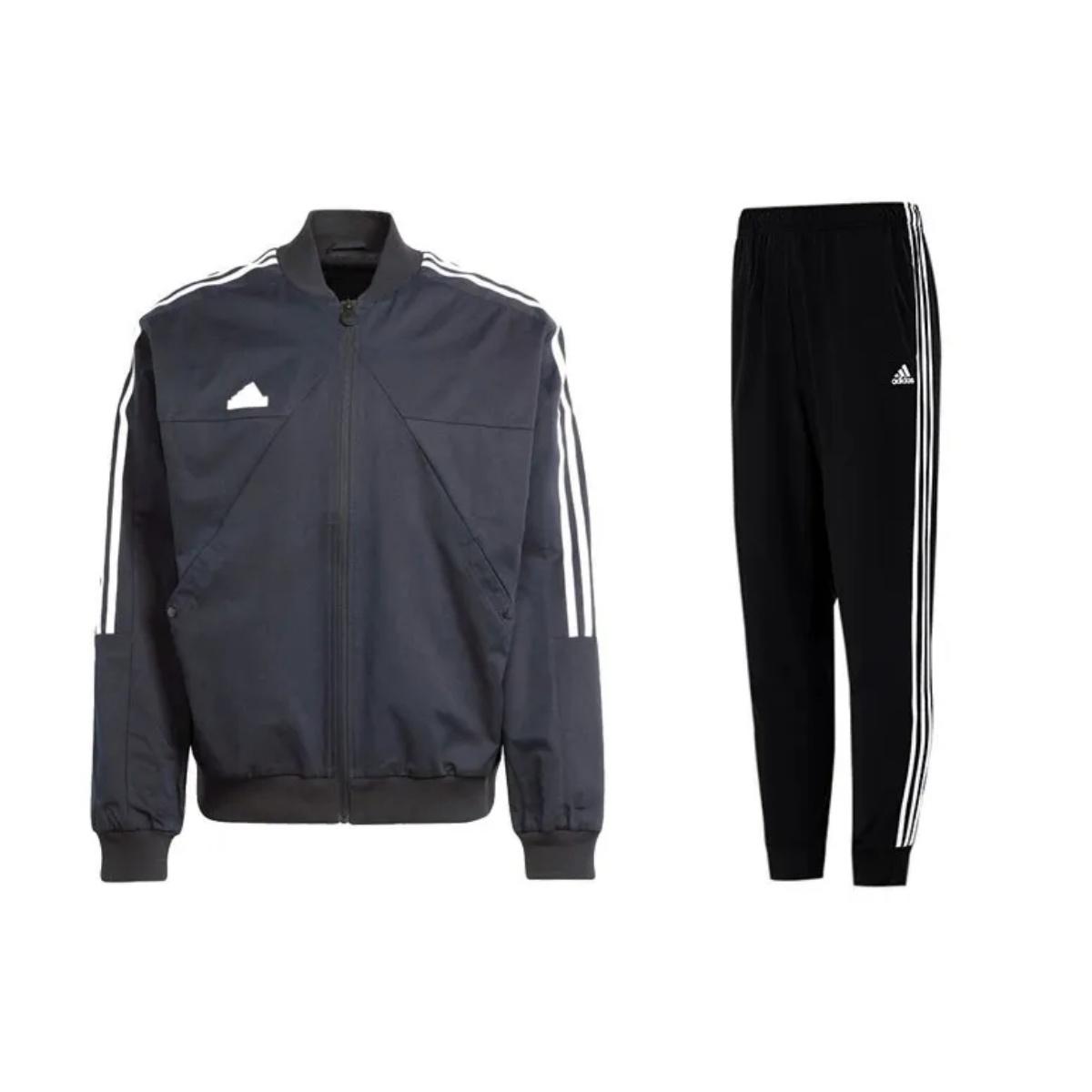

Adidas Color Block Logo Long Sleeve Jacket Retro Striped Jogger Pants Casual Sports Suit Men Activewear Black IP3791+H46105 S