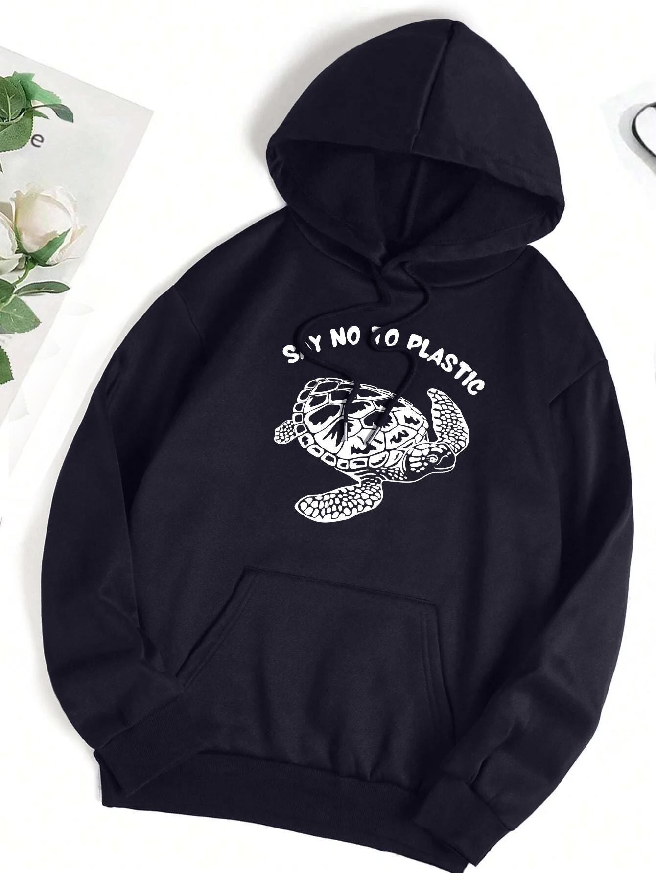 

Say No To Plastic Turtle Printing Women Hoodie Loose Fleece Clothing Casual All-Match Hoody Autumn Comfortable Woman Hoodies 3XL