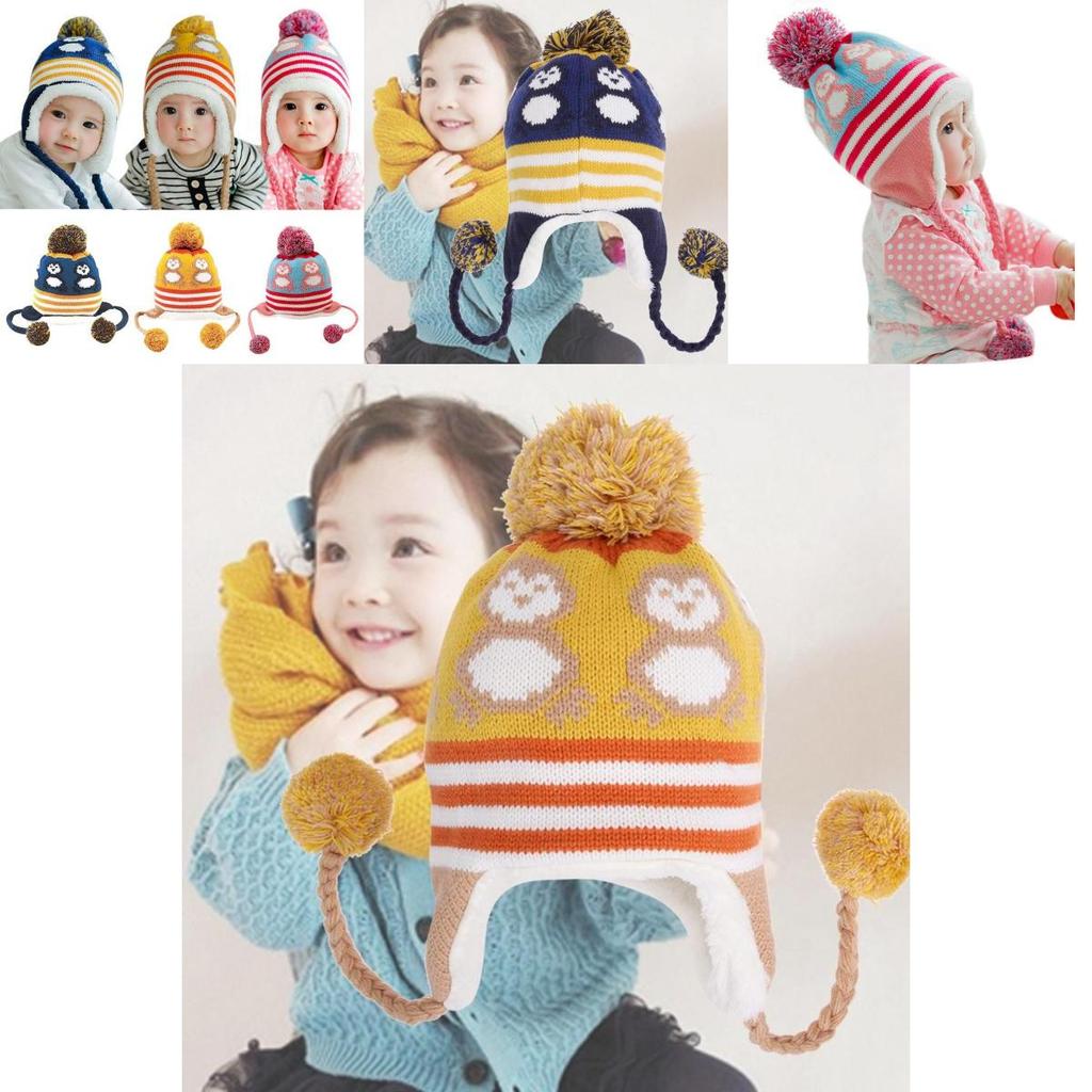 Cute Baby Toddler Girls Boys Penguin Fur Ball Knitted Winter Warm Cap With Elegant Design