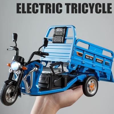 1:12 Triciclo Elétrico Modelo de Liga Carro Brinquedos Motocicleta Diecast Direção da Roda Dianteira Som Luz Puxar Para Trás Veículo Menino Coleciona Brinquedo