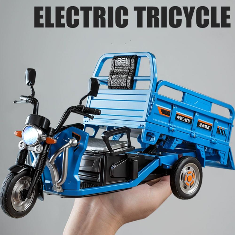 1:12 Electric Tricycle Alloy Model Car Toys Diecast Motorcycle Front Wheel Steering Sound Light Pull Back Vehice Boy Collect Toy