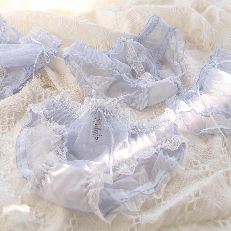 Blue Lace Bow Waist Mesh Briefs for Women - 620 Series