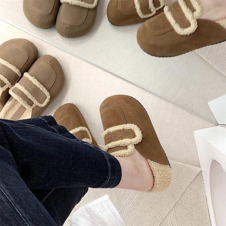 Retro bag head fluffy slippers winter new outer wear thick bottom Birkenstock half slippers velvet