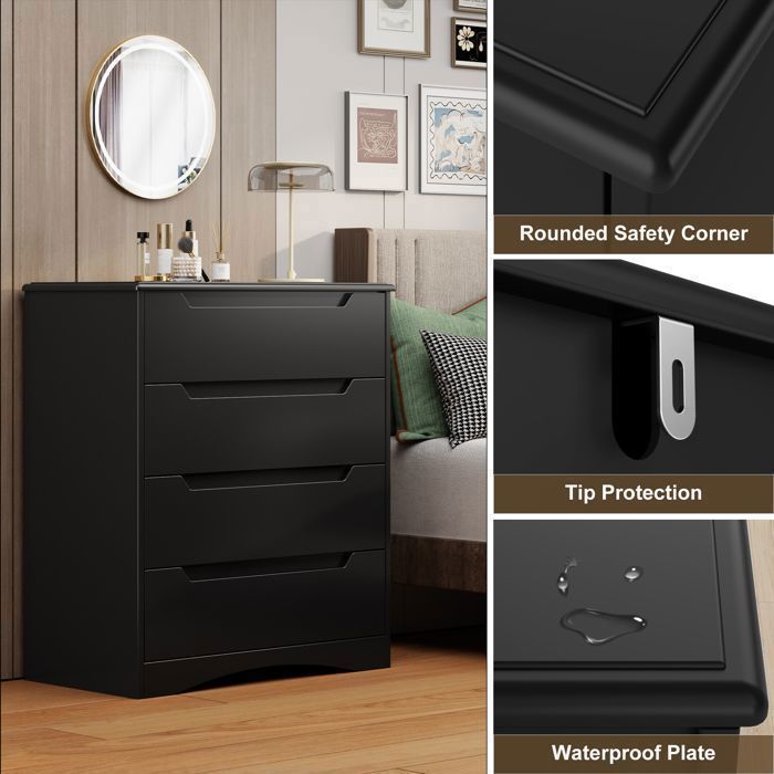 Commode - Bealife - 4 Tiroirs - Commode De Chambre - Noir - 71 X 41 X 82 Cm