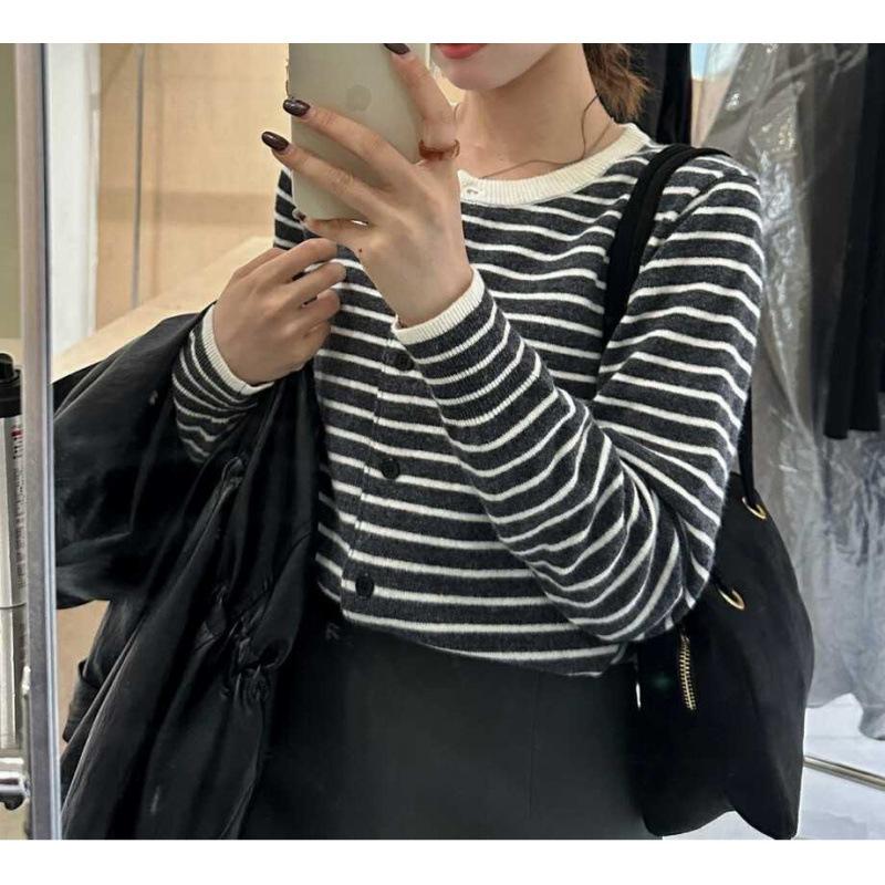 Striped knitted cardigan spring and autumn temperament jacket new base front shoulder long sleeve women's sweater
