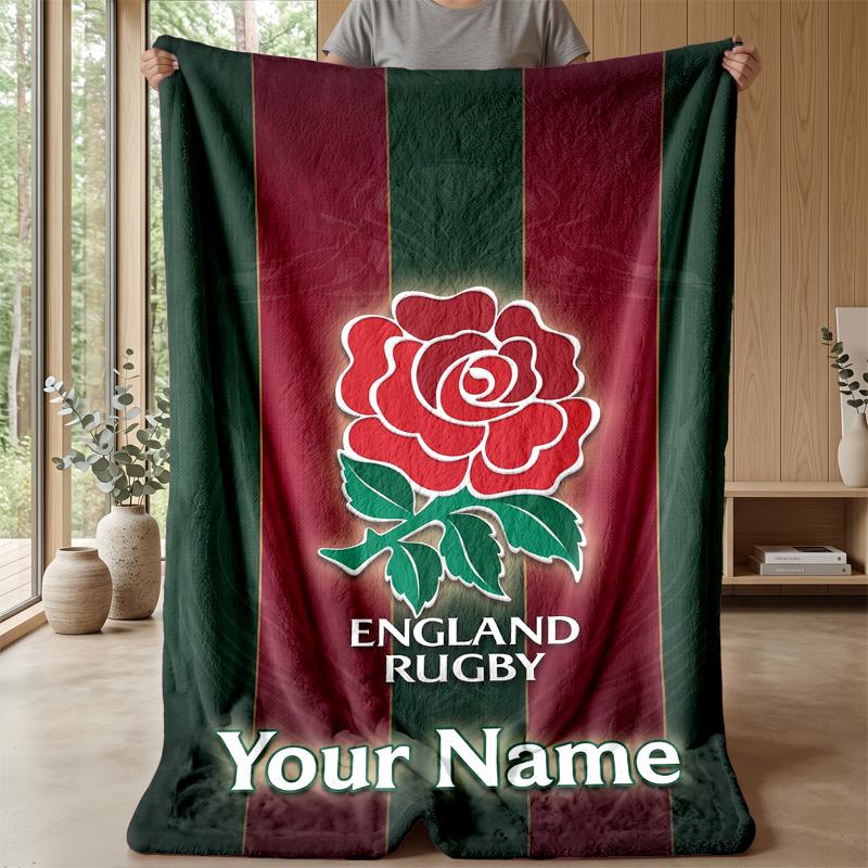 England Rugby Custom Flannel Throw Blanket Print Your Name Text Soft Warm Blanket Holiday Present