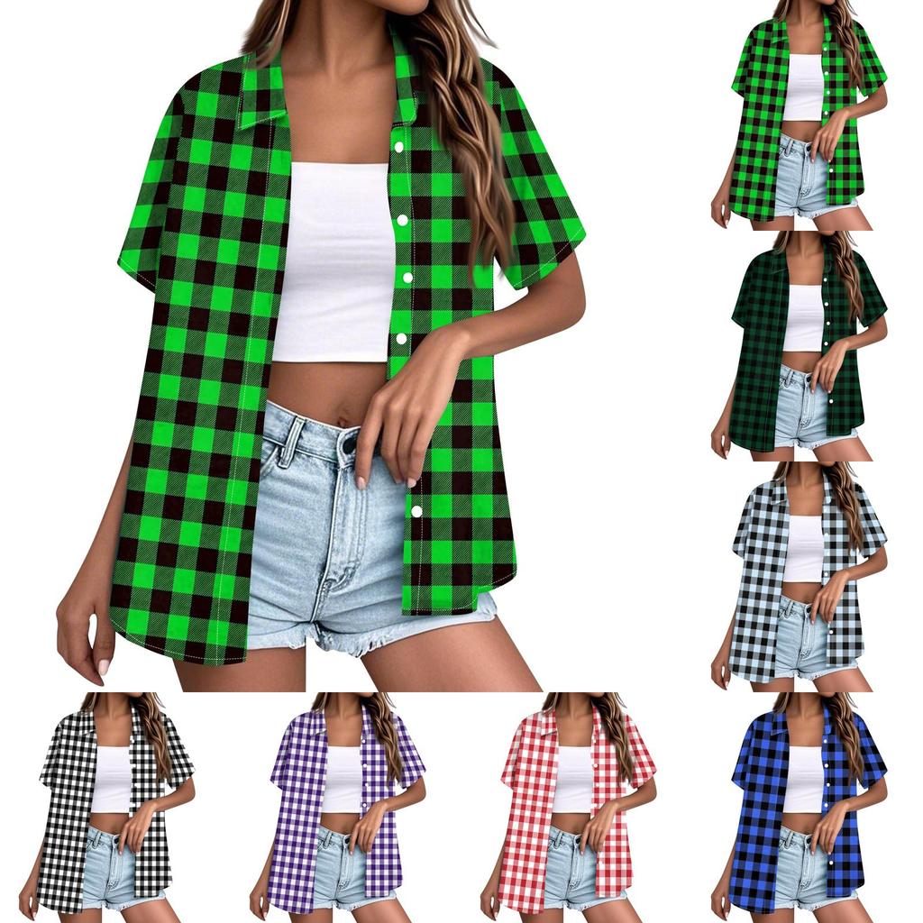 Women's Short Sleeve Button Down Shirt Loose Fit Casual Collared Blouse Summer Top