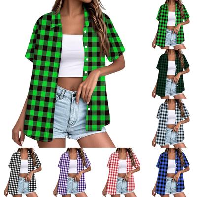 Women Casual Loose Fit Short Sleeve Button Down Shirt Collar Plaid Checkered Pattern Lightweight Blouse Top for Everyday Wear