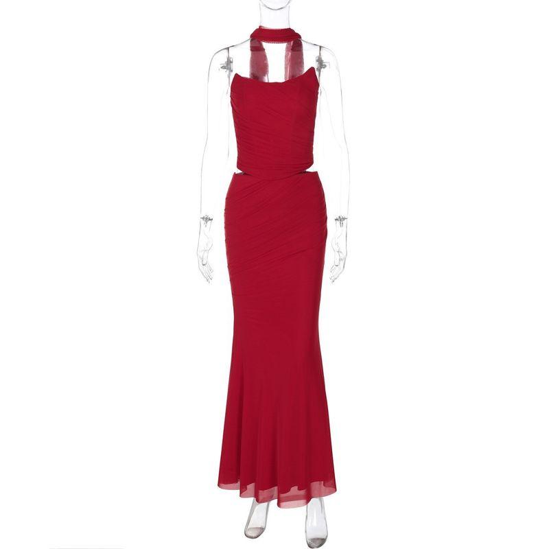 

Double Layer Mesh Wrapped Chest Skirt Set Double Mesh Wrapped Chest Skirt Suit Burgundy L