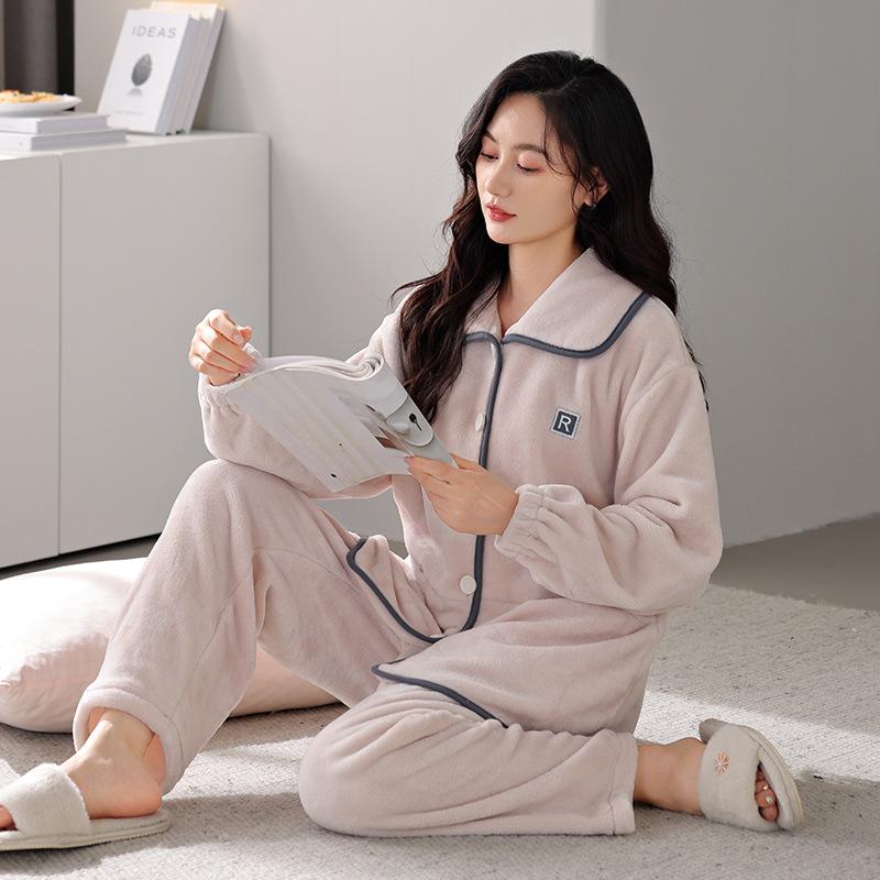 Winter Coral Fleece Pajamas Couple Men And Women Long-Sleeved Cardigan Fleece Thickened Flannel Thermal Loungewear Set