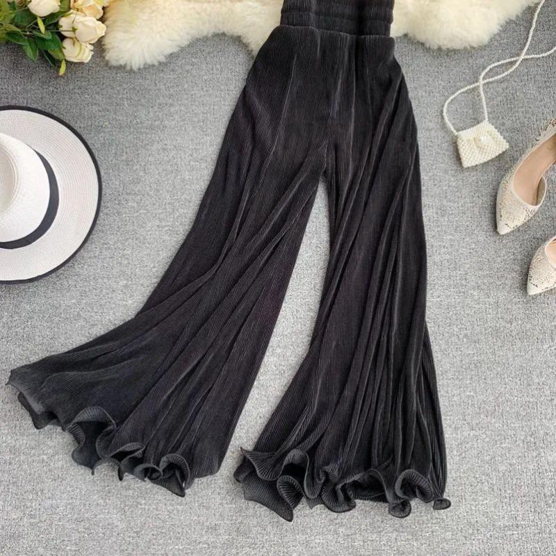 Sommerhose mit weitem Bein und Rüschensaum, Fischschwanz-Schlaghose, elastische Taille, transparente Netzhose für Damen, Temperament, lässig, zum Pendeln, plissierte, klimatisierte Hose