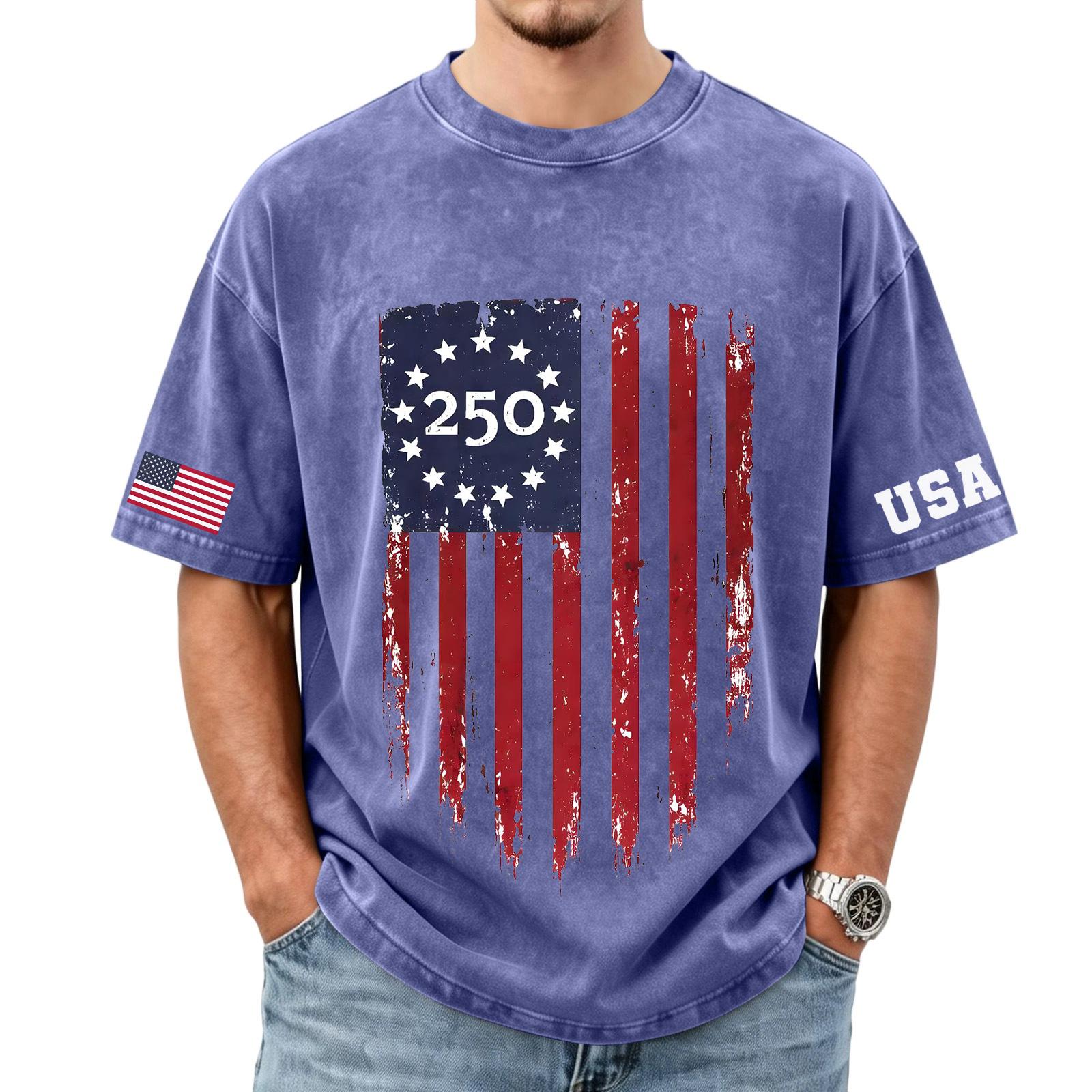 

Men s loose and casual flag letter print T-shirt - Men s trendy washed short-sleeved top XL