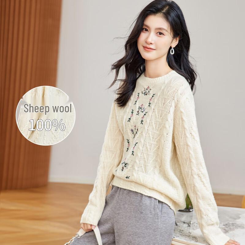 Women's 100% Merino Wool Round Neck Embroidered Cable Knit Sweater