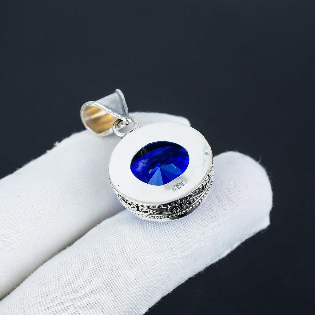 Blue Sapphire Gemstone Silver Pendant In 925 Sterling Silver - Handmade Oval Design, Everyday Wear Jewelry Valentine Day Gift