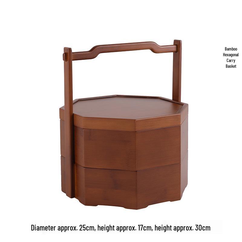 Handmade Bamboo Woven Hexagonal Carry Basket for Outdoor Tea Set with Double Layer