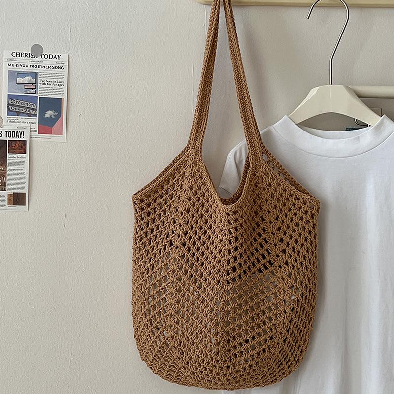 

Women s Large Capacity Casual Knitted Cotton Yarn Shoulder Bag - Hollow Out Straw Design, Ideal for Vacations and Beach Outings