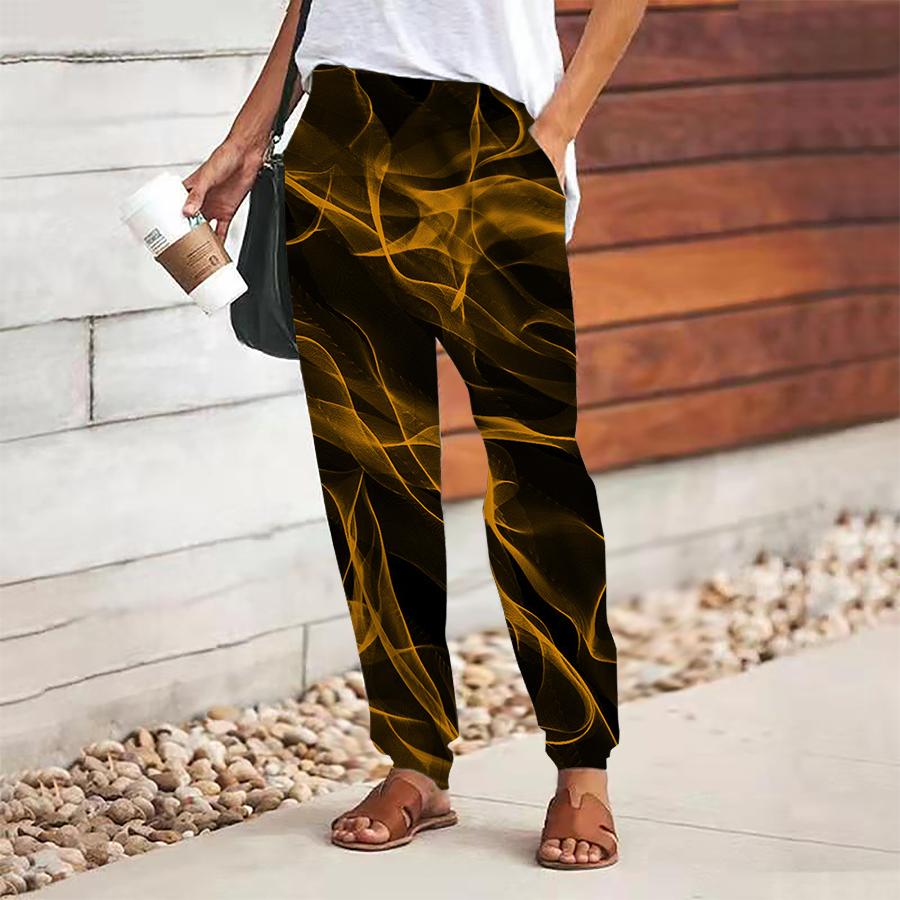 Women Smoke Printing Pants Lace Up Elastic Waist Loose  Trousers Casual Long Pants Trousers with Pockets