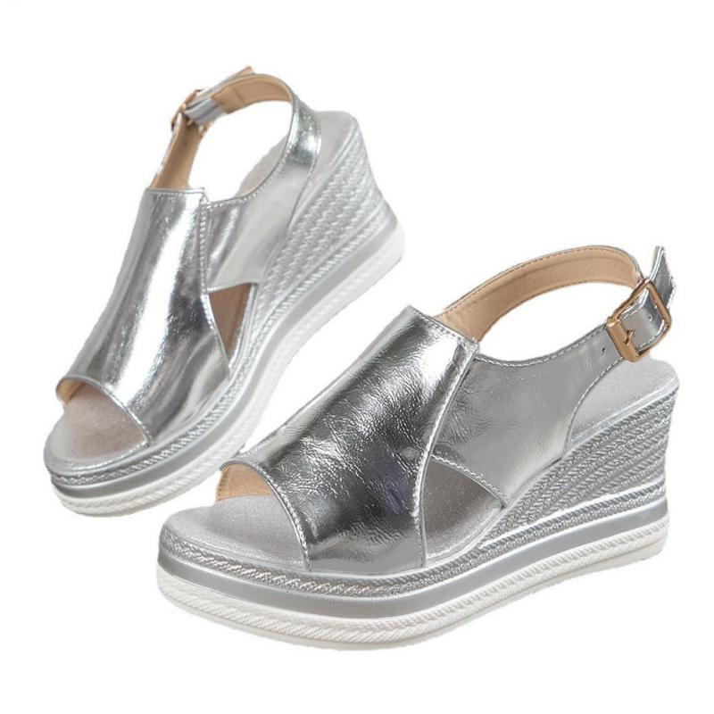 Fashion Silver Wedge Sandals Leather Summer Shoes High Heel Buckle Platform Sandals Woman Outdoor Thick Sole Women Sandals Peep Toe 2025