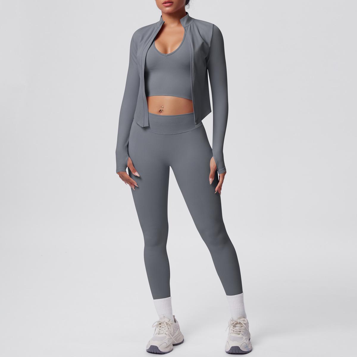

Women s Stand Collar Knit Zipper Jacket, Sports Bra & Yoga Pants Set Large