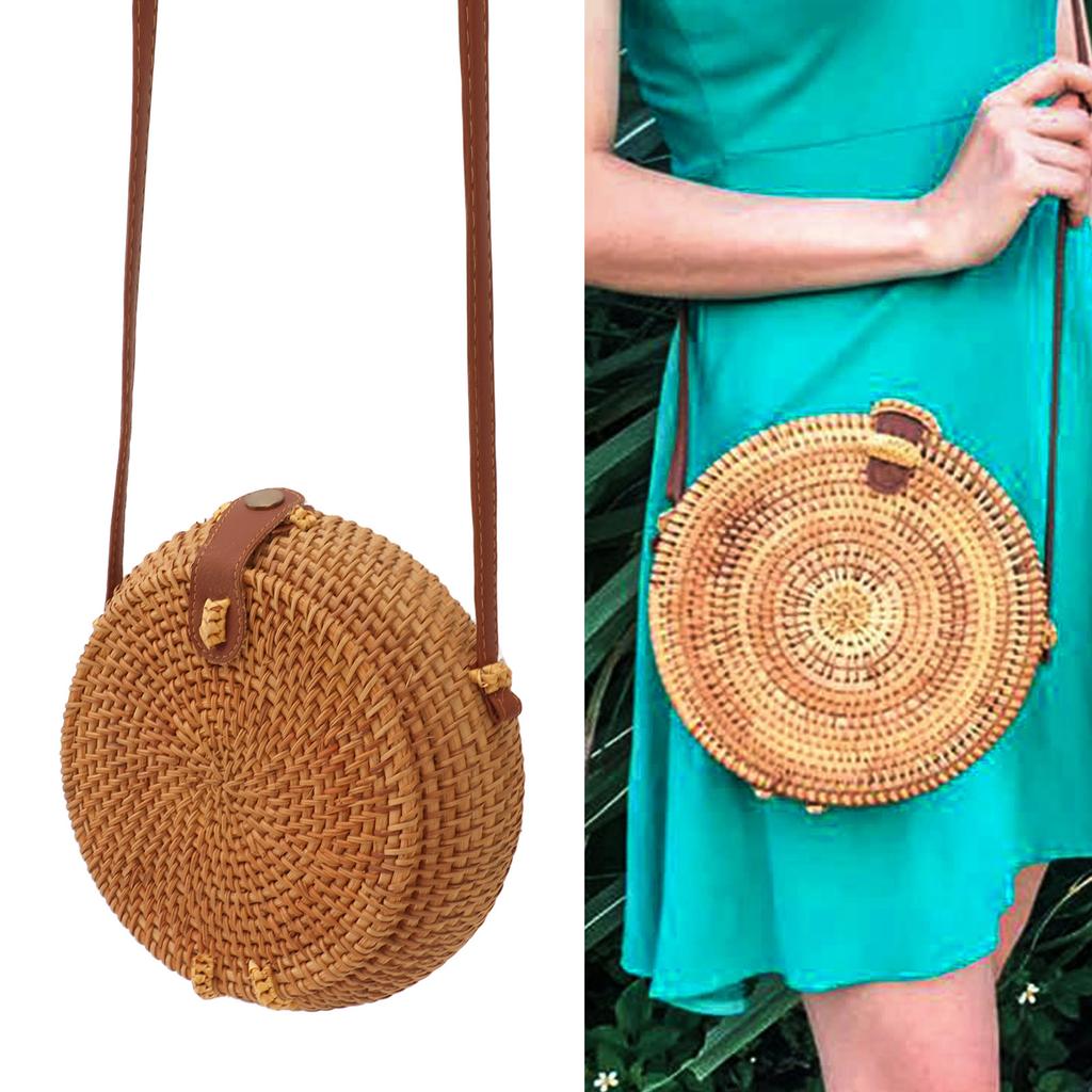 Handwoven Round Rattan Bag Tropical Beach   Woven Shoulder Rattan Bag with Leather Strap 20cm Diameter