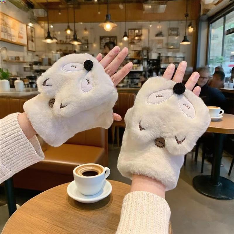 Cute Cartoon Bear and Cat Paw Plush Gloves for Girls - Warm, Thick Winter Riding Gloves with Neck Strap.