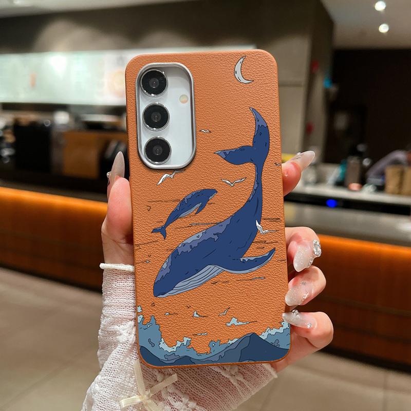 Whale Print Leather Texture TPU Phone Case For Samsung S25 S24 FE S23 Ultra S22 A56 A36 A16 A15 A55 A35 Slim Shockproof Matte Soft Bumper Cover