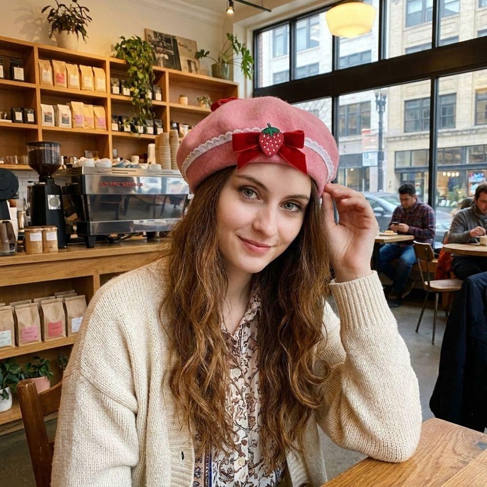 Lace Edge Knitted Beret Soft Bow Beret Versatile Style Wool Beret Daily Wear