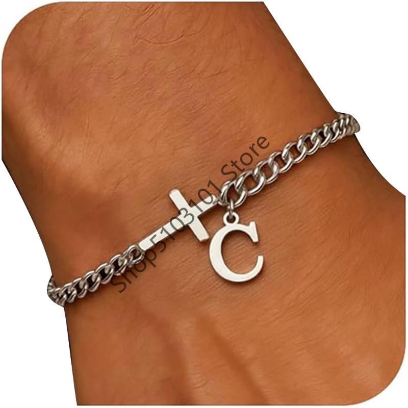 26 Letters Charm Bracelet Stainless Steel A-Z Handchain Adjustable Length for Women Girl Men Gift